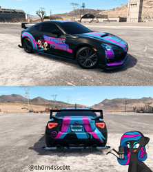 Size: 957x1080 | Tagged: safe, artist:caoscore, artist:snowy starshine, derpibooru import, oc, oc only, oc:obabscribbler, earth pony, pony, airfield, car, eyeshadow, headphones, makeup, microphone, mountain, mountain range, need for speed, open mouth, outdoors, signature, smiling, solo