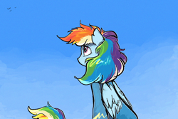 Size: 1500x1000 | Tagged: safe, alternate version, artist:jehr, derpibooru import, rainbow dash, bird, pegasus, pony, blue sky, clothes, cloud, cute, day, ear fluff, ears, eyelashes, feelings, female, fluffy, fluffy tail, gradient background, heart, heart eyes, long tail, looking away, looking up, mare, noise, nostalgia, on a cloud, outdoors, pink eyes, sitting, sitting on cloud, sky, sky background, solo, tail, uniform, wind, wingding eyes, wings, wonderbolts, wonderbolts uniform