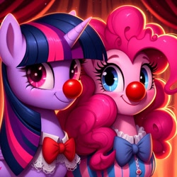 Size: 1024x1024 | Tagged: safe, ai content, derpibooru import, generator:bing image creator, generator:dall-e 3, machine learning generated, pinkie pie, twilight sparkle, earth pony, unicorn, g4, bowtie, clothes, clown, clown nose, duo, female, horn, mare, prompter:heydude5321, red nose