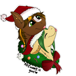 Size: 2000x2000 | Tagged: safe, artist:decemberbreeze, derpibooru import, oc, oc only, oc:noodle, oc:treasure trove, pony, christmas, commission, cute, duo, hat, holiday, santa hat, simple background, transparent background, wreath, ych result