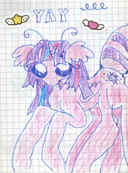 Size: 1607x2175 | Tagged: safe, artist:larvaecandy, derpibooru import, twilight sparkle, twilight sparkle (alicorn), alicorn, insect, original species, pony, unicorn, abdomen, alternate tailstyle, ant, ant pony, antennae, bangs, big eyes, colored pencil drawing, ears, eye clipping through hair, female, floppy ears, folded wings, graph paper, horn, long legs, mare, multiple legs, no mouth, pincers, race swap, raised hoof, raised leg, six legs, small wings, solo, sparkles, sparkly mane, sticker, tail, three toned mane, traditional art, two toned tail, unicorn horn, wingding eyes, wings, yay