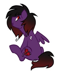 Size: 817x1000 | Tagged: safe, artist:partyponypower, derpibooru import, oc, oc only, oc:frankie fang, pegasus, pony, bandage, bandaged wing, colored lineart, emo, emo hair, gradient mane, gradient tail, looking up, male, male oc, missing wing, no catchlights, no pupils, one winged pegasus, pegasus oc, purple coat, rear view, requested art, simple background, sitting, smiling, solo, stallion, stallion oc, tail, white background, wings