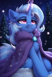 Size: 1280x1856 | Tagged: safe, ai content, derpibooru import, generator:pony diffusion v6 xl, generator:stable diffusion, machine learning generated, trixie, pony, unicorn, g4, :3, clothes, cute, detailed, detailed background, eyes open, fluffy, forest, generator:civitai, horn, looking up, low angle, magic, mantle, nature, outdoors, pink eyes, prompter:inoneart, scarf, sky, snow, snowfall, solo, stars, tree