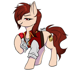 Size: 2171x2171 | Tagged: safe, artist:soff, derpibooru import, oc, oc only, oc:glitterwish, earth pony, pony, clothes, female, gem, jewelry, key, mare, necklace, red eyes, red mane, smiling, smug, solo, solo female