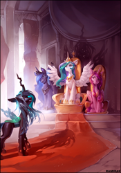 Size: 1908x2730 | Tagged: safe, artist:ramiras, derpibooru import, princess cadance, princess celestia, princess luna, queen chrysalis, oc, oc:alternia, alicorn, changeling, changeling queen, pony, g4, crown, disguise, disguised changeling, fanfic, fanfic art, fanfic cover, female, grin, group, high res, indoors, jewelry, mare, narrowed eyes, peytral, quartet, regalia, shadow, sitting, slender, smiling, spread wings, thin, throne, throne room, wings