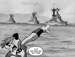 Size: 737x559 | Tagged: source needed, safe, derpibooru import, idw, diamond dog, 20th century, battleship, black and white, comic, grayscale, meme, monochrome, outdoors, photo, pirate, pointing, sepia, sin of greed, sin of pride, tempting fate, this will end in humiliation, this will end in pain and/or death, this will not end well, uh oh, world war ii