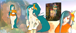 Size: 5400x2400 | Tagged: safe, artist:catrinebs, derpibooru import, oc, oc only, oc:catrine, anthro, hybrid, pony, breasts, curvy, glowing, glowing horn, horn, minecraft, reference, reference sheet, tail