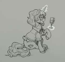 Size: 2468x2358 | Tagged: safe, artist:birdoffnorth, derpibooru import, oc, oc only, oc:sea chic, pony, unicorn, alcohol, female, fusion, fusion:fancypants, fusion:sea swirl, glass, glasses, glowing, glowing horn, gray background, grayscale, horn, levitation, lidded eyes, magic, mare, monochrome, open mouth, open smile, simple background, sitting, smiling, solo, telekinesis, wine, wine glass