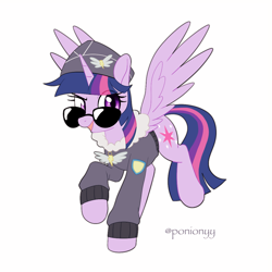 Size: 1100x1100 | Tagged: safe, artist:sion, derpibooru import, twilight sparkle, twilight sparkle (alicorn), alicorn, pony, g4, commander easy glider, dreamworks face, female, looking at you, mare, simple background, solo, spread wings, sunglasses, white background, wings