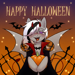 Size: 3000x3000 | Tagged: safe, artist:aay41x, derpibooru import, oc, oc only, oc:wafflejuice, bat pony, bat wings, black and white mane, clothes, commission, costume, fangs, gray fur, halloween, halloween costume, holiday, purple eyes, solo, ych result