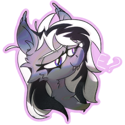 Size: 1024x1024 | Tagged: safe, artist:rvsd, artist:ybkathan, derpibooru import, oc, oc only, oc:wafflejuice, bat pony, black and white mane, fangs, female, gray fur, mare, purple eyes, simple background, sticker, telegram sticker