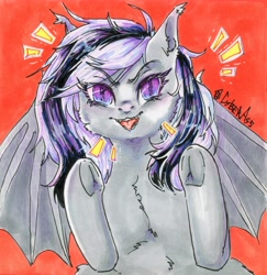 Size: 6387x6563 | Tagged: safe, artist:cyberass, derpibooru import, oc, oc only, oc:wafflejuice, bat pony, bat wings, black and white mane, fangs, female, gray fur, mare, purple eyes, simple background, solo, wings