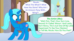 Size: 2738x1516 | Tagged: safe, artist:memeartboi, derpibooru import, alicorn, pony, g4, alicorn princess, alicornified, canterlot castle, cute, experiment, female, heart, horn, implied artist, indoors, mare, nicole watterson, open mouth, pegasus wings, ponified, race swap, shocked, shocked expression, solo, species swap, speech bubble, standing, stunned, surprised, surprised face, text, the amazing world of gumball, unicorn horn, wings