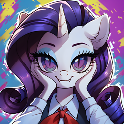 Size: 4096x4096 | Tagged: safe, ai content, derpibooru import, generator:pony diffusion v6 xl, generator:stable diffusion, machine learning generated, rarity, anthro, unicorn, g4, abstract background, bowtie, closed mouth, clothes, ear fluff, ears, error, eyebrows, eyeshadow, fangs, female, fluffy, glitch, hand on face, horn, looking at you, makeup, mare, mirai nikki, prompter:thedaren666, purple eyes, school uniform, shirt, sleeveless, sleeveless jacket, slit eyes, smiling, solo, yandere, yandere trance, yanderity