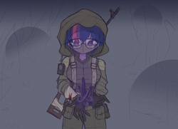 Size: 2400x1736 | Tagged: safe, artist:willowcatkin, derpibooru import, sci-twi, twilight sparkle, equestria girls, g4, alternate hairstyle, s.t.a.l.k.e.r., solo