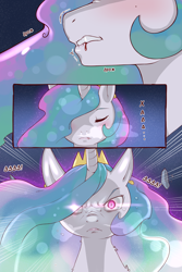 Size: 960x1440 | Tagged: safe, artist:cold-blooded-twilight, derpibooru import, edit, princess celestia, alicorn, pony, comic:cold storm (ru), g4, :<, :c, >:c, angry, biting, blood, clothes, comic, crown, exhale, exhaled breath condensate, female, fluffy, frown, glare, gritted teeth, hesitant, jewelry, lip bite, magic, mare, neck fluff, regalia, snorting, teeth, translation, translator:agent00k0t