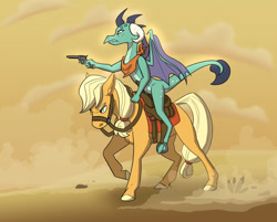 Size: 1496x1200 | Tagged: safe, artist:mushroompone, derpibooru import, applejack, princess ember, dragon, earth pony, pony, g4, angry, bag, bridle, clothes, desert, dragons riding ponies, duo, duo female, female, gun, handgun, neckerchief, outdoors, pistol, reins, revolver, riding, riding a pony, saddle, saddle bag, scarf, stirrups, tack, weapon, wings