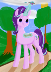 Size: 2480x3508 | Tagged: safe, artist:пшеница, derpibooru exclusive, derpibooru import, starlight glimmer, pony, unicorn, g4, female, glowing, glowing horn, horn, kite, magic, mare, outdoors, solo, story included, telekinesis