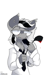 Size: 5120x8000 | Tagged: safe, artist:difis, derpibooru import, oc, oc only, oc:wafflejuice, anthro, bat pony, black and white mane, blood, clothes, female, gray fur, necktie, simple background, solo, whip