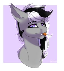 Size: 972x1080 | Tagged: safe, artist:villjulie, derpibooru import, oc, oc only, oc:wafflejuice, bat pony, pony, black and white mane, bust, fangs, female, gray fur, mare, passepartout, portrait, purple eyes, signature, solo, tongue, tongue out