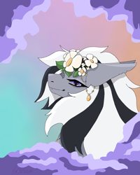 Size: 1025x1280 | Tagged: artist needed, source needed, safe, derpibooru import, oc, oc only, oc:wafflejuice, bat pony, black and white mane, chamomile, female, flower, gray fur, mare, purple eyes, simple background, solo