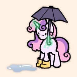 Size: 2048x2048 | Tagged: safe, artist:dummbeez, derpibooru import, sweetie belle, pony, unicorn, g4, female, filly, foal, horn, magic, puddle, rubber boots, simple background, solo, telekinesis, umbrella