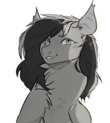 Size: 784x870 | Tagged: artist needed, source needed, safe, derpibooru import, oc, oc only, oc:wafflejuice, bat pony, black and white mane, female, gray fur, mare, purple eyes, simple background, solo