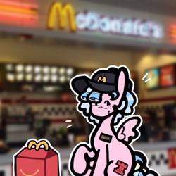 Size: 2048x2048 | Tagged: safe, artist:dummbeez, derpibooru import, cozy glow, pegasus, pony, g4, cap, female, filly, foal, happy meal, hat, mcdonald's, name tag, solo