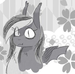 Size: 722x718 | Tagged: artist needed, source needed, safe, derpibooru import, oc, oc only, oc:wafflejuice, bat pony, black and white mane, female, gray fur, mare, purple eyes, simple background, solo