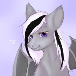 Size: 1280x1280 | Tagged: safe, artist:biscuitfox, artist:jipest, artist:фляпик, derpibooru import, oc, oc only, oc:wafflejuice, bat pony, bat wings, black and white mane, fangs, gray fur, solo, wings