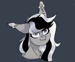 Size: 1080x899 | Tagged: artist needed, source needed, safe, derpibooru import, oc, oc only, oc:wafflejuice, bat pony, black and white mane, female, gray fur, mare, purple eyes, simple background, solo