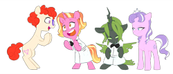 Size: 1280x548 | Tagged: safe, artist:chub-wub, derpibooru import, diamond tiara, luster dawn, twist, oc, oc:wisteria, changeling, changeling queen, earth pony, pony, unicorn, fanfic:product of friendship, g4, bipedal, bipedal leaning, black and green, bowtie, changeling oc, changeling queen oc, clothes, diadem, ears, eye clipping through hair, fanfic art, fangs, female, female oc, filly, filly oc, floppy ears, foal, glasses, green changeling, happy, horn, jewelry, leaning, looking at each other, looking at someone, older, older diamond tiara, older twist, open mouth, open smile, raised hoof, raised leg, regalia, simple background, sitting, smiling, smirk, spread wings, standing, transparent background, unamused, unicorn oc, uniform, wings