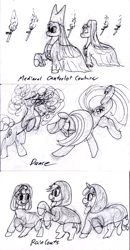 Size: 626x1200 | Tagged: safe, artist:sepiakeys, derpibooru import, apple bloom, pinkie pie, scootaloo, sweetie belle, twilight sparkle, earth pony, pegasus, pony, unicorn, clothes, cutie mark crusaders, dancing, do the sparkle, dress, horn, monochrome, raincoat, sketch, torch