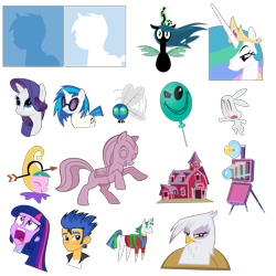 Size: 5443x5443 | Tagged: safe, artist:the smiling pony, derpibooru import, angel bunny, discord, dj pon-3, flash sentry, gilda, princess celestia, queen chrysalis, rarity, shining armor, twilight sparkle, vinyl scratch, griffon, parasprite, pony, equestria girls, g4, .svg available, balloon, camera, farmhouse, jester, pointy ponies, simple background, statue, template, transparent background, vector