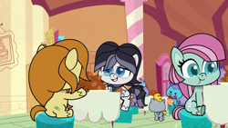 Size: 1920x1080 | Tagged: safe, derpibooru import, screencap, matt #2, earth pony, pegasus, pony, death of a sales-pony, g4, g4.5, my little pony: pony life, caramel latte, indoors, minty (g4)