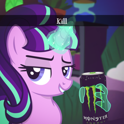 Size: 2048x2048 | Tagged: safe, artist:cezaryy, artist:trrrebleee, derpibooru import, edit, starlight glimmer, pony, unicorn, g4, bedroom, caption, drink, energy drink, franzj, glowing, glowing horn, horn, meme, monster energy, ponified, ponified meme, s5 starlight, snapchat, starlight's bedroom, text, vector, vector edit