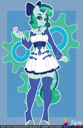 Size: 792x1224 | Tagged: safe, artist:inkkeystudios, derpibooru import, oc, oc only, oc:prixy, oc:prixy lightshooter, anthro, unguligrade anthro, blue background, bow, clothes, colored sclera, commission, commissioner:prixy05, cutie mark background, dress, female, hair bow, mare, neck bow, passepartout, simple background, solo, stockings, thigh highs