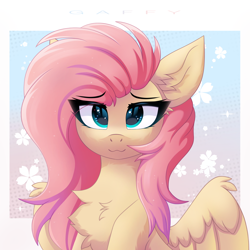 Size: 3200x3200 | Tagged: safe, artist:gaffy, derpibooru import, fluttershy, pegasus, pony, :3, bust, cheek fluff, chest fluff, cute, ear fluff, ears, eye clipping through hair, female, flower, front view, gradient background, half body, looking at you, mare, partially open wings, passepartout, smiling, smiling at you, solo, wings