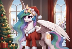 Size: 1856x1280 | Tagged: safe, ai content, derpibooru import, machine learning generated, princess celestia, alicorn, g4, canterlot, christmas, christmas lights, christmas tree, clothes, costume, day, generator:autismmix pony, hat, holiday, horn, indoors, present, prompter:thelight3d, royalty, santa costume, santa hat, snow, tree, warm, window, wings