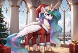 Size: 1856x1280 | Tagged: safe, ai content, derpibooru import, machine learning generated, princess celestia, alicorn, g4, canterlot, christmas, christmas lights, christmas tree, clothes, costume, day, full body, generator:autismmix pony, hat, holiday, horn, indoors, present, prompter:thelight3d, royalty, santa costume, santa hat, snow, tree, warm, window, wings