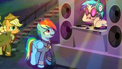 Size: 1918x1080 | Tagged: safe, artist:uspen, derpibooru import, applejack, dj pon-3, rainbow dash, vinyl scratch, oc, oc:applesnack, oc:steelhooves, earth pony, pegasus, pony, fallout equestria, g4, background pony, chair, clothes, coat, complex background, glasses, hat, headphones, indoors, ladder, party, vinyl's glasses