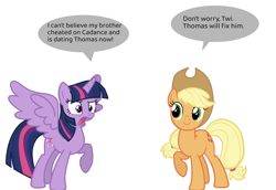 Size: 1866x1281 | Tagged: artist needed, source needed, safe, derpibooru import, applejack, twilight sparkle, g4, angry, duo, duo female, female, simple background, smiling, speech bubble, white background