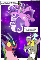 Size: 1640x2360 | Tagged: safe, artist:c0smicriff, derpibooru import, discord, screwball, draconequus, earth pony, pony, comic:a screwy reunion, g4, comic, cosmos, female, male, mare, passepartout