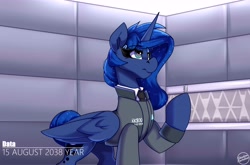 Size: 6500x4300 | Tagged: safe, artist:shadowreindeer, derpibooru import, princess luna, alicorn, pony, connor, crossover, detroit: become human, indoors, rk800, solo