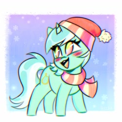 Size: 1418x1418 | Tagged: safe, artist:pozya1007, derpibooru import, lyra heartstrings, pony, unicorn, g4, blushing, clothes, cute, female, hat, horn, lyrabetes, mare, open mouth, open smile, scarf, smiling, snow, snowfall, solo, winter