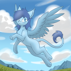 Size: 5000x5000 | Tagged: safe, artist:pzkratzer, derpibooru import, oc, oc:night cloud, sphinx, 30 minute art challenge, female, flying, looking at you, mountain, sketch, solo, sphinx oc