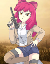 Size: 2700x3441 | Tagged: safe, artist:sumin6301, apple bloom, equestria girls, 2024, clothes, female, gun, high res, looking at you, older, older apple bloom, shorts, smiling, solo, weapon