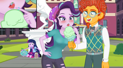 Size: 6132x3411 | Tagged: safe, derpibooru import, spike, starlight glimmer, sunburst, twilight sparkle, twilight sparkle (alicorn), alicorn, dog, dragon, horse, human, equestria girls, g4, blushing, canterlot high, cherry, clothes, equestria girls-ified, female, food, ice cream, licking, magic, male, micro, png, portal, ship:sparlight, shipping, shrinking, soft vore, sparlight, spike the dog, statue, straight, tiny, tongue, tongue out, transformation, transformation sequence, vore