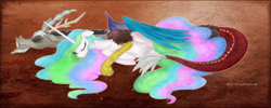 Size: 1350x542 | Tagged: safe, artist:mn27, derpibooru import, discord, princess celestia, alicorn, draconequus, pony, g4, dislestia, duo, ethereal mane, eyes closed, female, male, mare, shipping, sleeping, straight