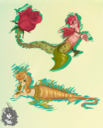 Size: 2675x3310 | Tagged: safe, artist:miradge, derpibooru import, angel bunny, carrot top, golden harvest, roseluck, merpony, pony, rabbit, g4, animal, female, fishing rod, flower, male, mare, rose, simple background, substrate body, surreal